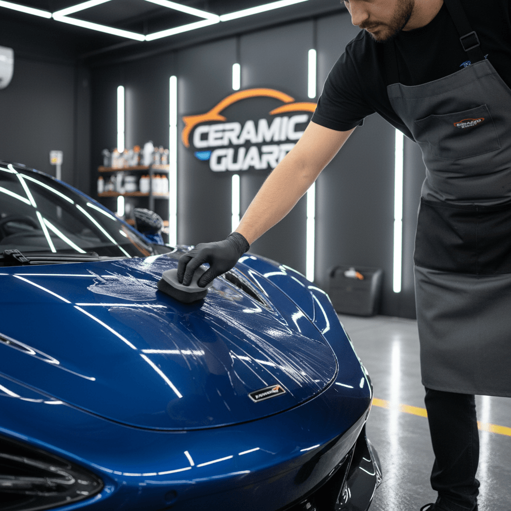 Professional detailer applying ceramic coating with foam applicator on car hood in garage