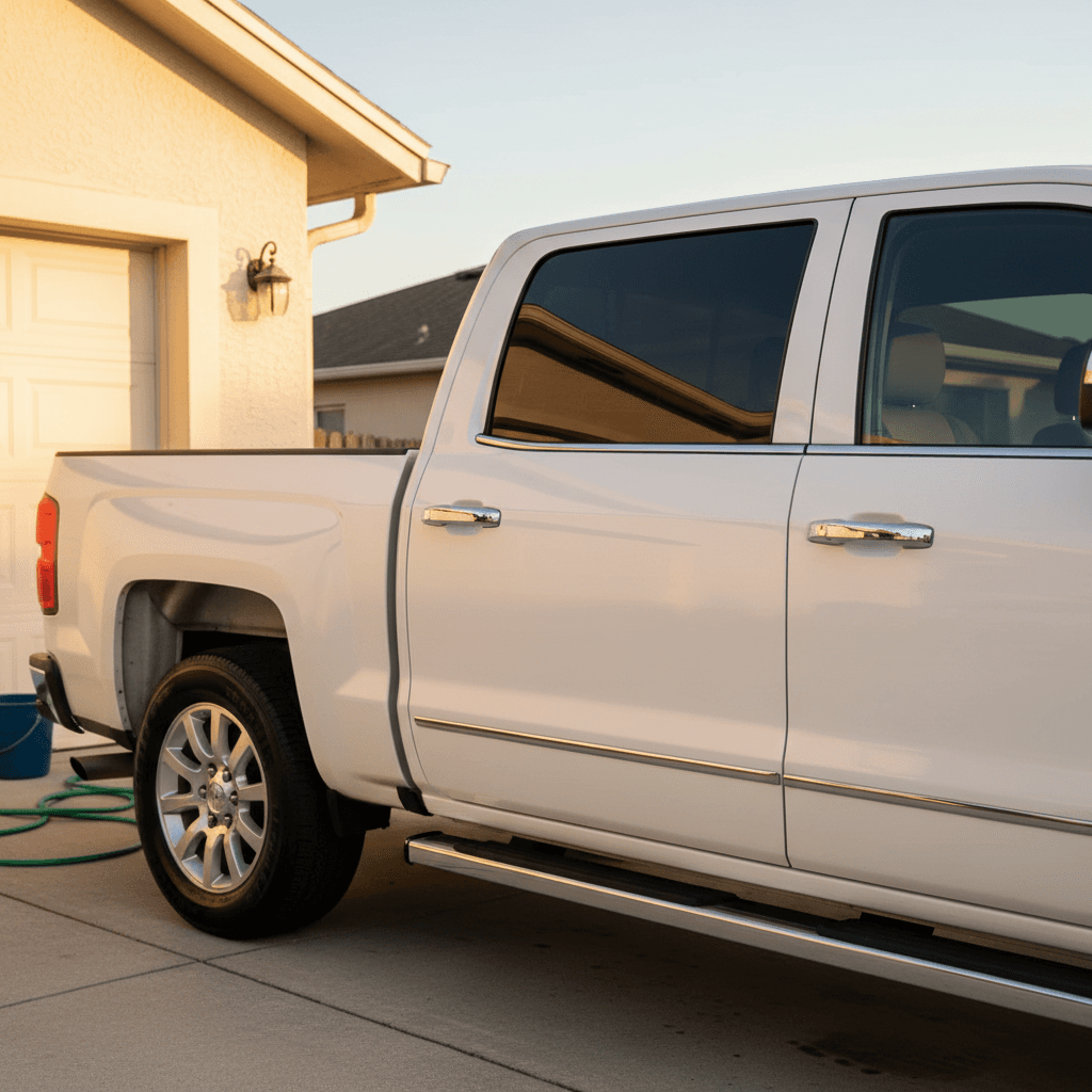 Side profile of white pickup truck after a complete exterior wax in a residential driveway