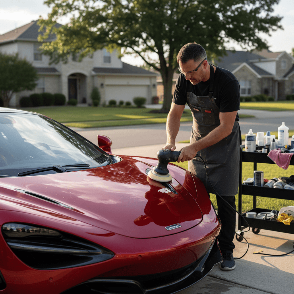 detailer polishing a car in a driveway