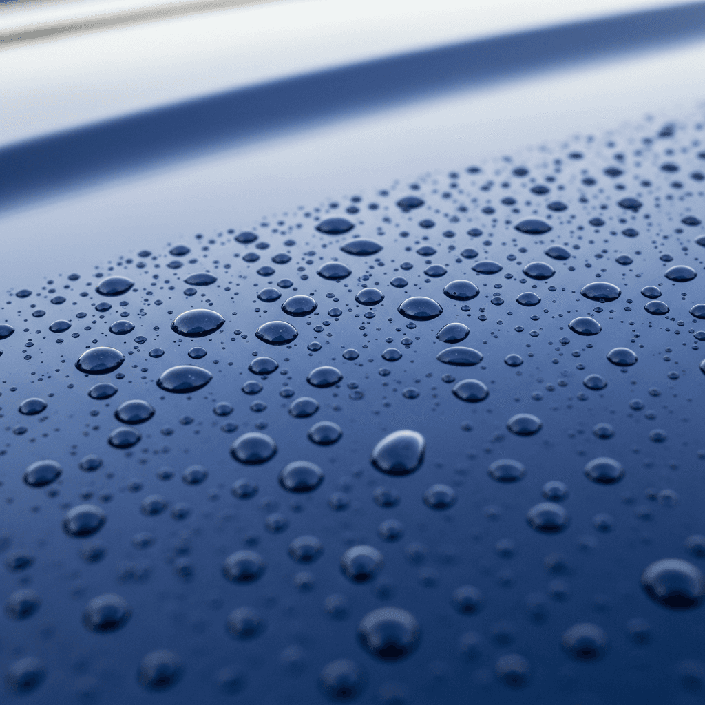Water beading on car hood after ceramic coating application, close-up macro shot