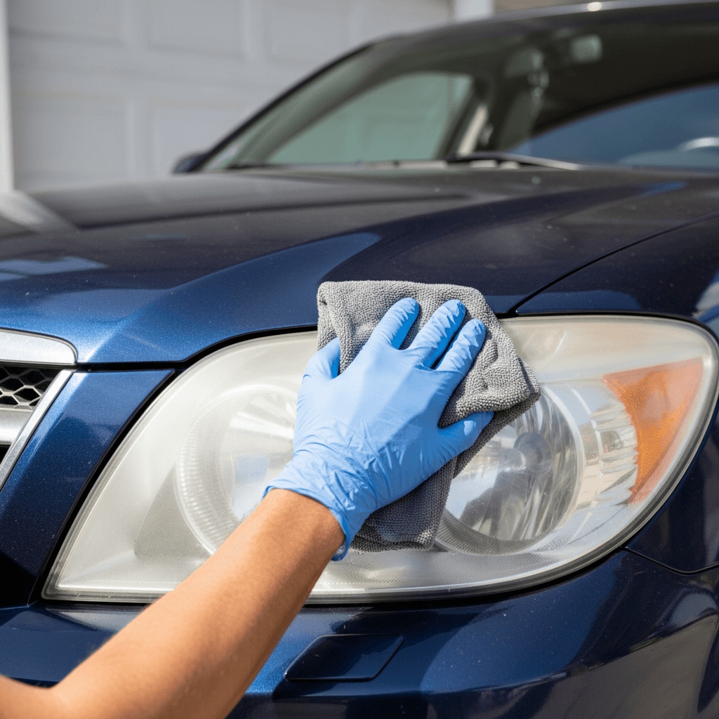 Headlight restoration detail on a blue SUV in Miami-Dade County