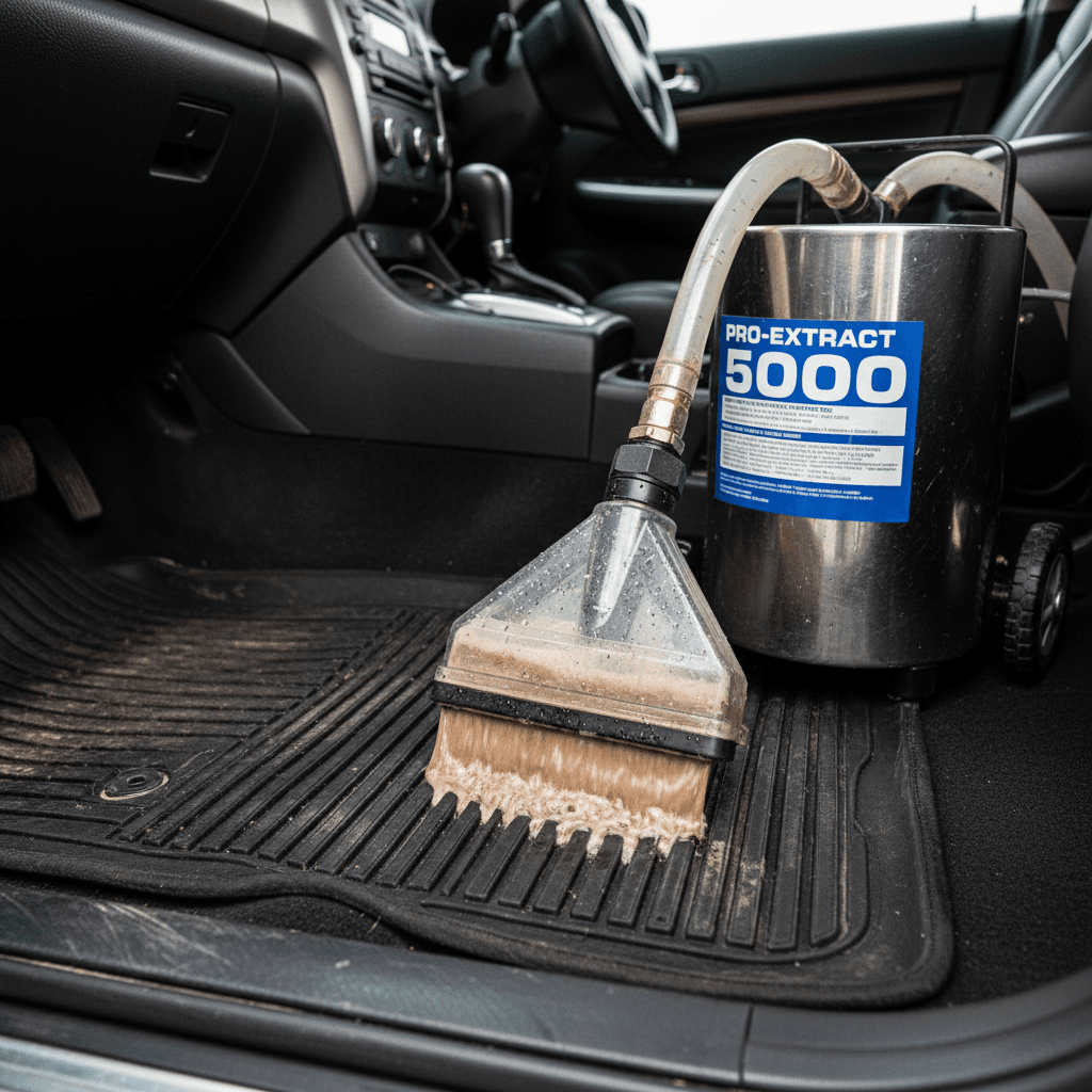 professional carpet extractor machine cleaning car floor mat in vehicle