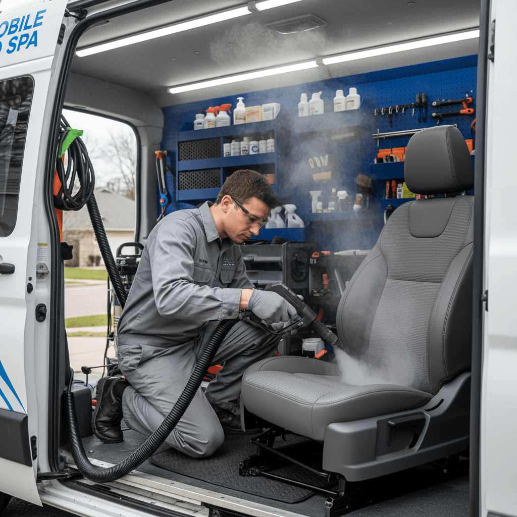 auto detailer using steam cleaner on car seat fabric in mobile van setup