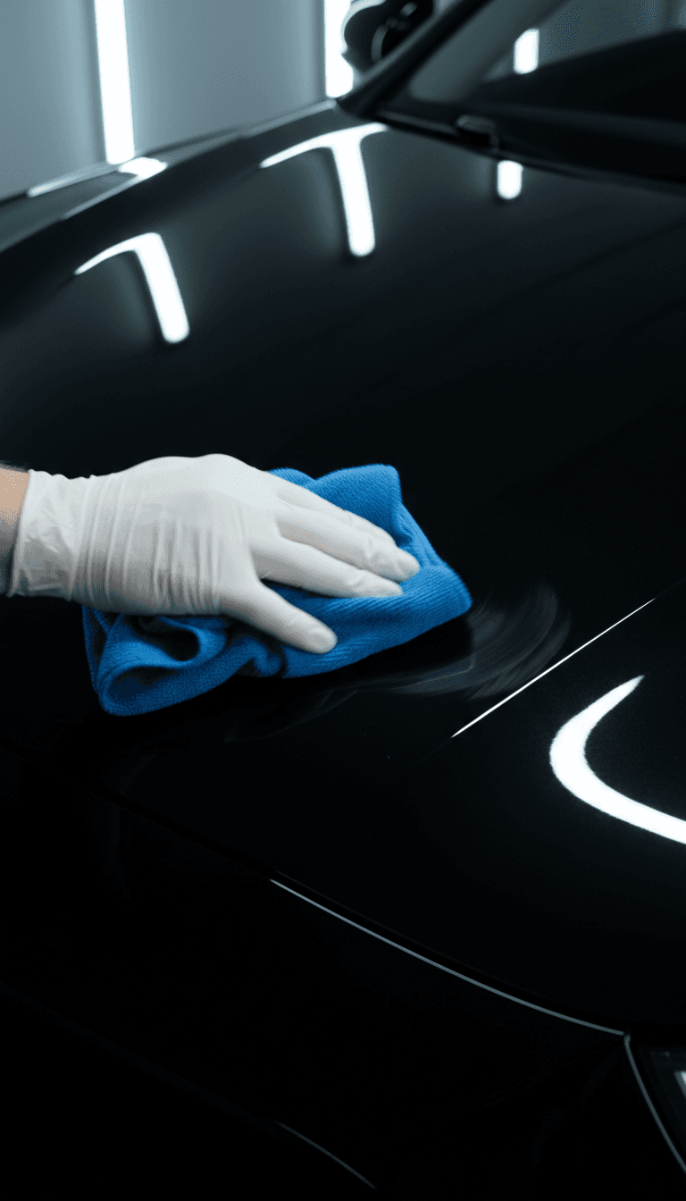 Detailer's hand polishing a glossy black car hood with a microfiber cloth, showing precision work.