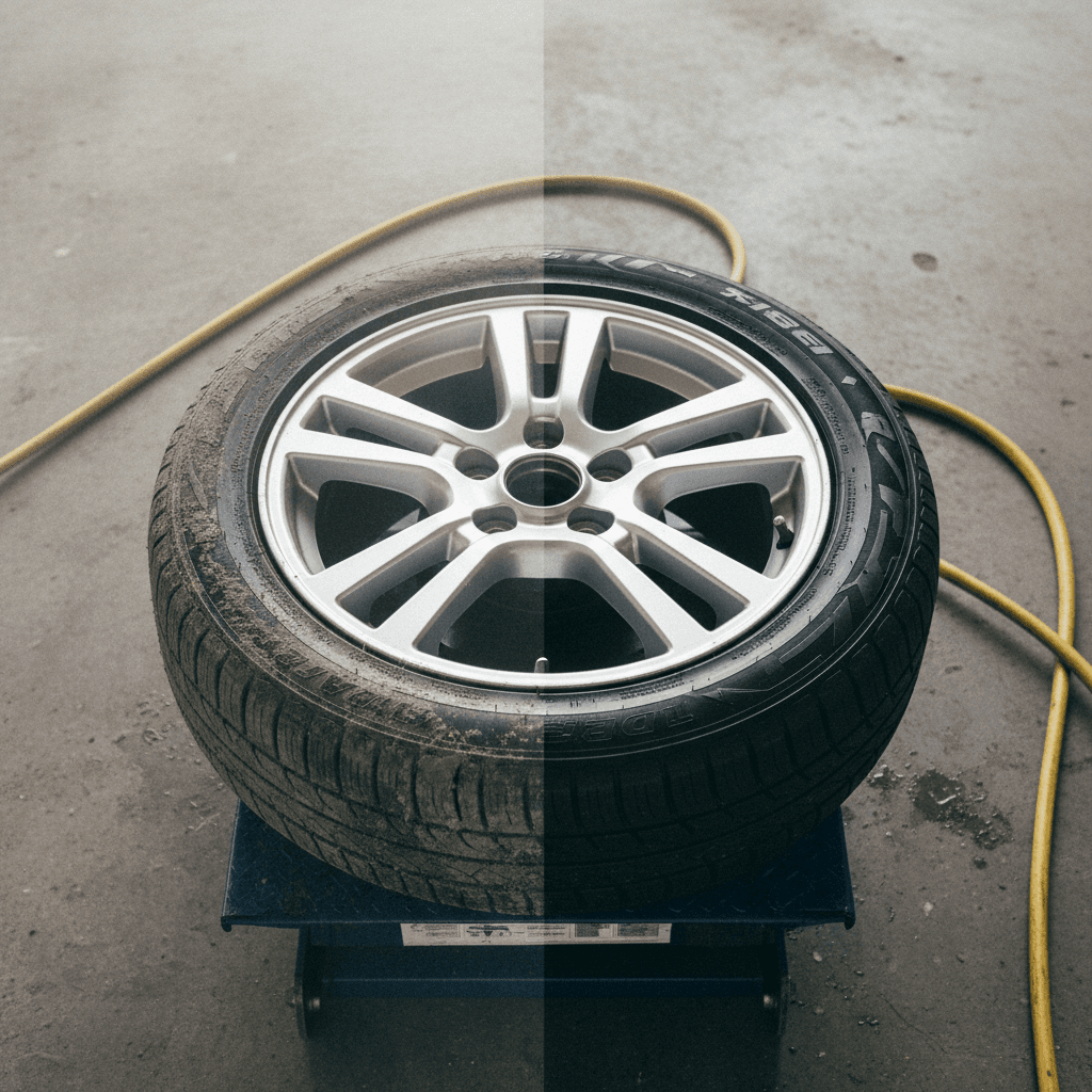 Split comparison of a car wheel: half coated in brake dust and grime, half cleaned to a factory fresh shine with conditioned tire.