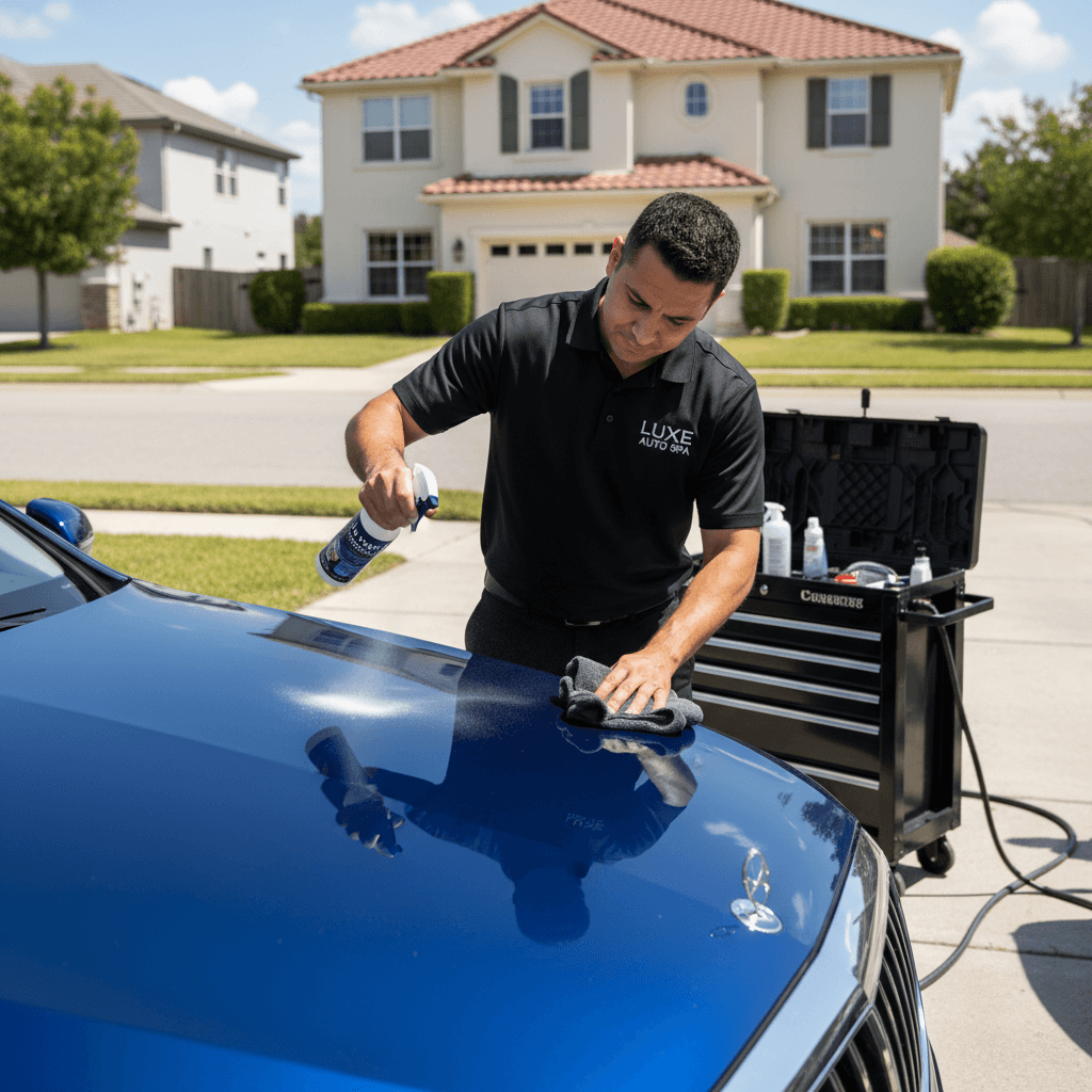 Professional detailer applying wax to a sedan outdoors