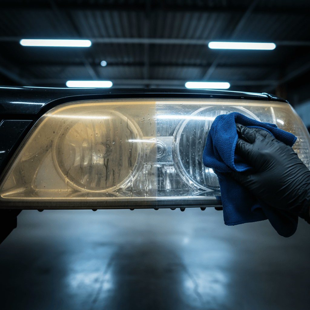 Half-restored headlight showing contrast between yellowed and crystal clear lens