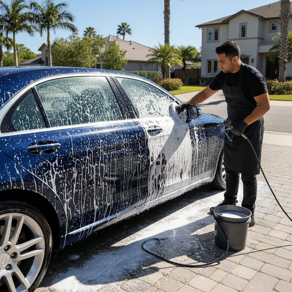 Professional auto detailer hand washing a sedan with foam in driveway sunny day
