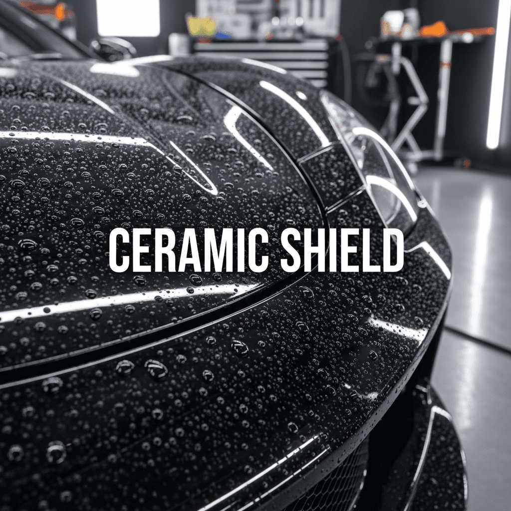 Close-up of glossy car paint with water beading from ceramic coating