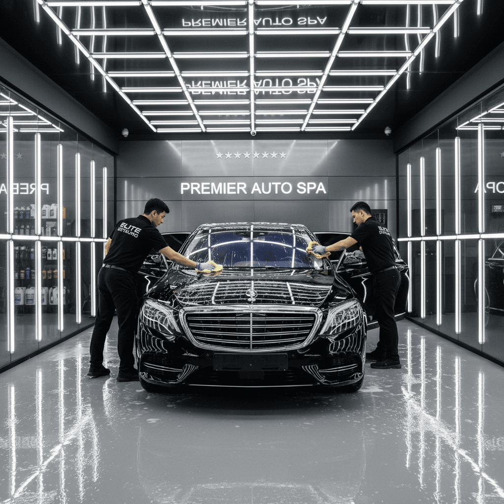 Luxury car being hand-washed indoors