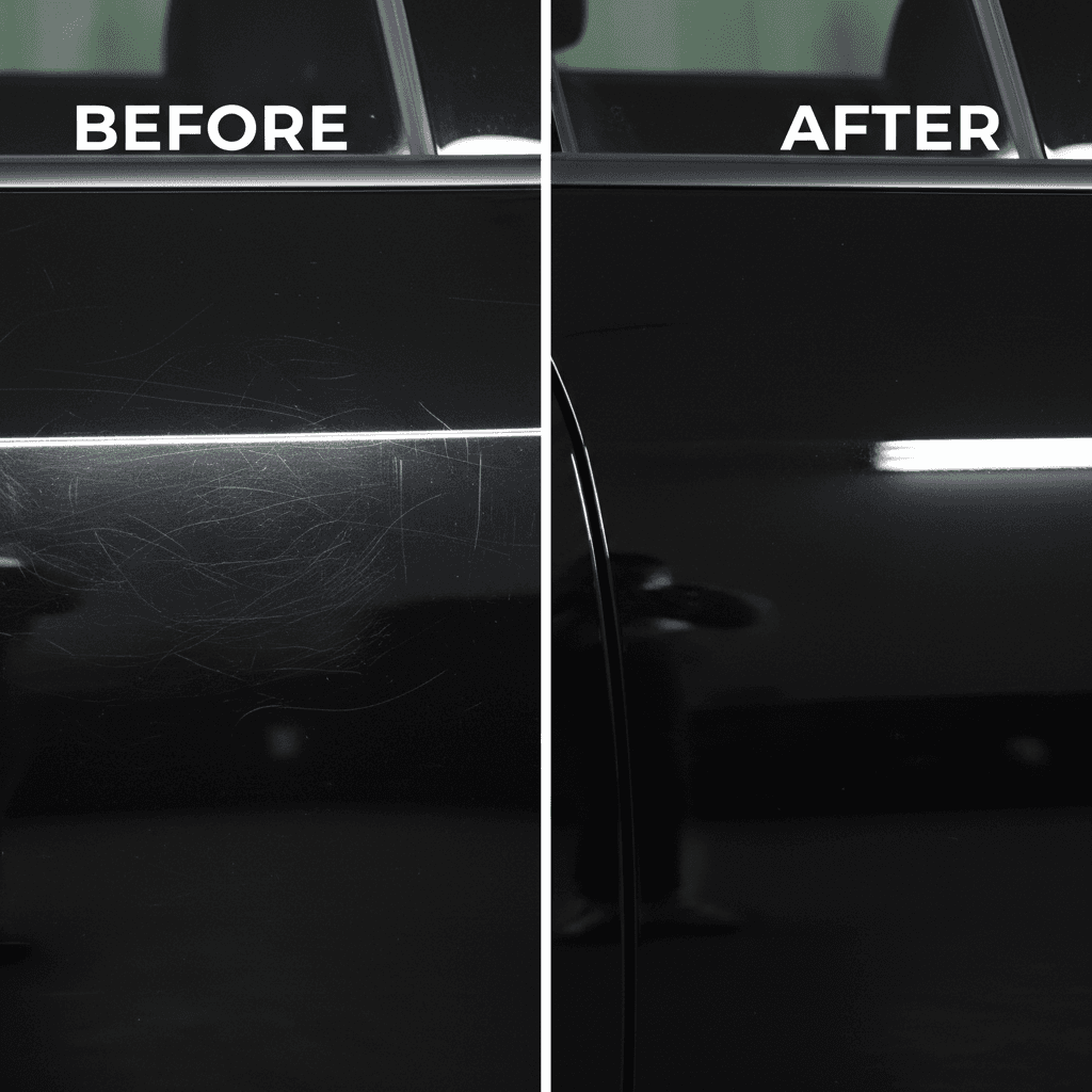 Car door panel with visible scratches before correction, restored to a smooth glossy finish after correction
