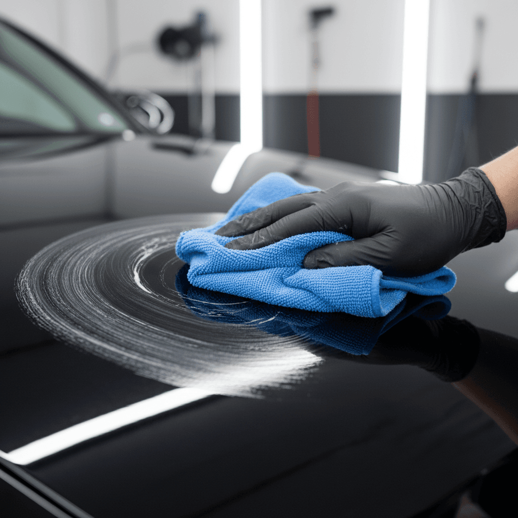 Detailer's hand applying polish to car paint with microfiber cloth