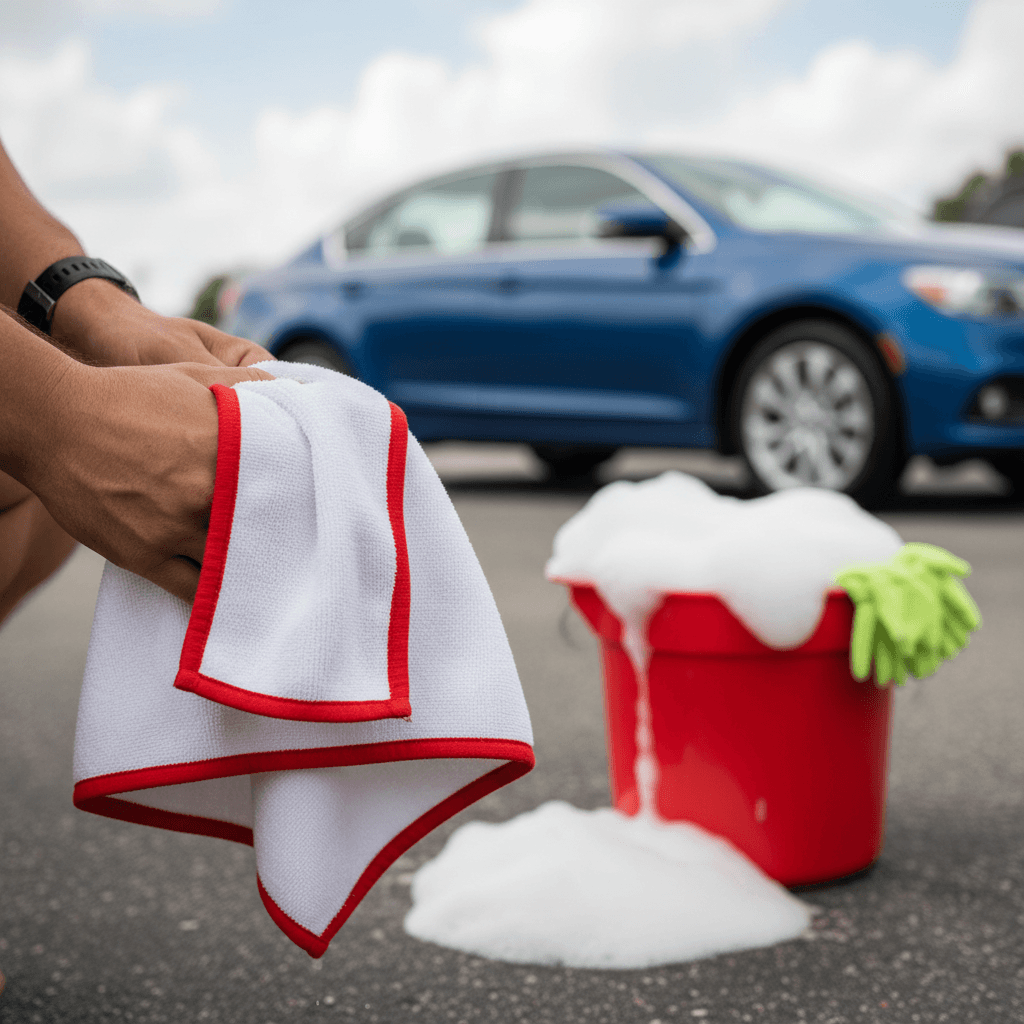 Hands folding clean microfiber towel during a mobile auto detailing service