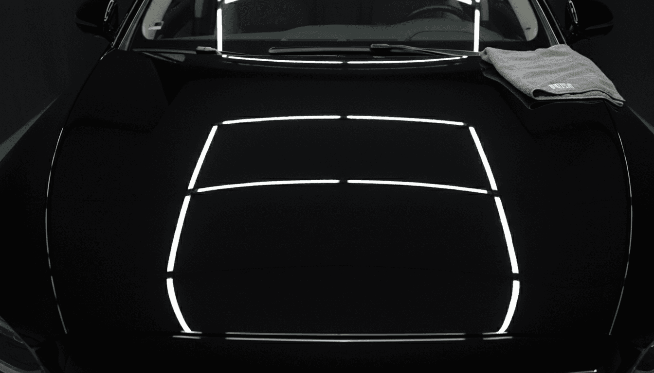 Close up of a glossy car hood after detailing with reflections
