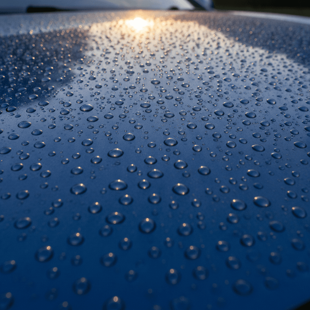 Close up of car paint after ceramic coating with water beading