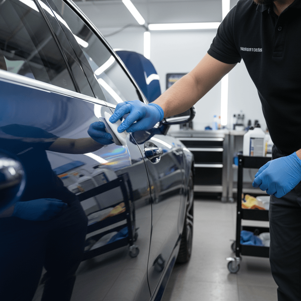 Professional detailer applying ceramic coating to car door panel