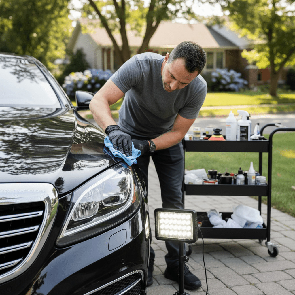 Close-up of a hand polishing a car headlight during mobile detailing