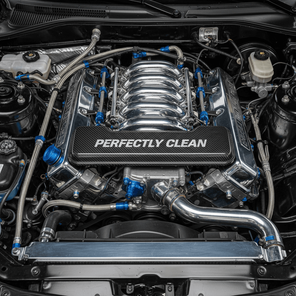 Clean car engine bay after detailing professional finish