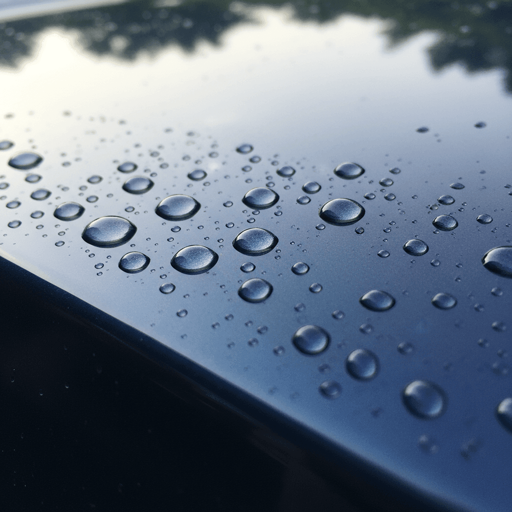 Water beading on a ceramic coated car hood showing the slick hydrophobic finish