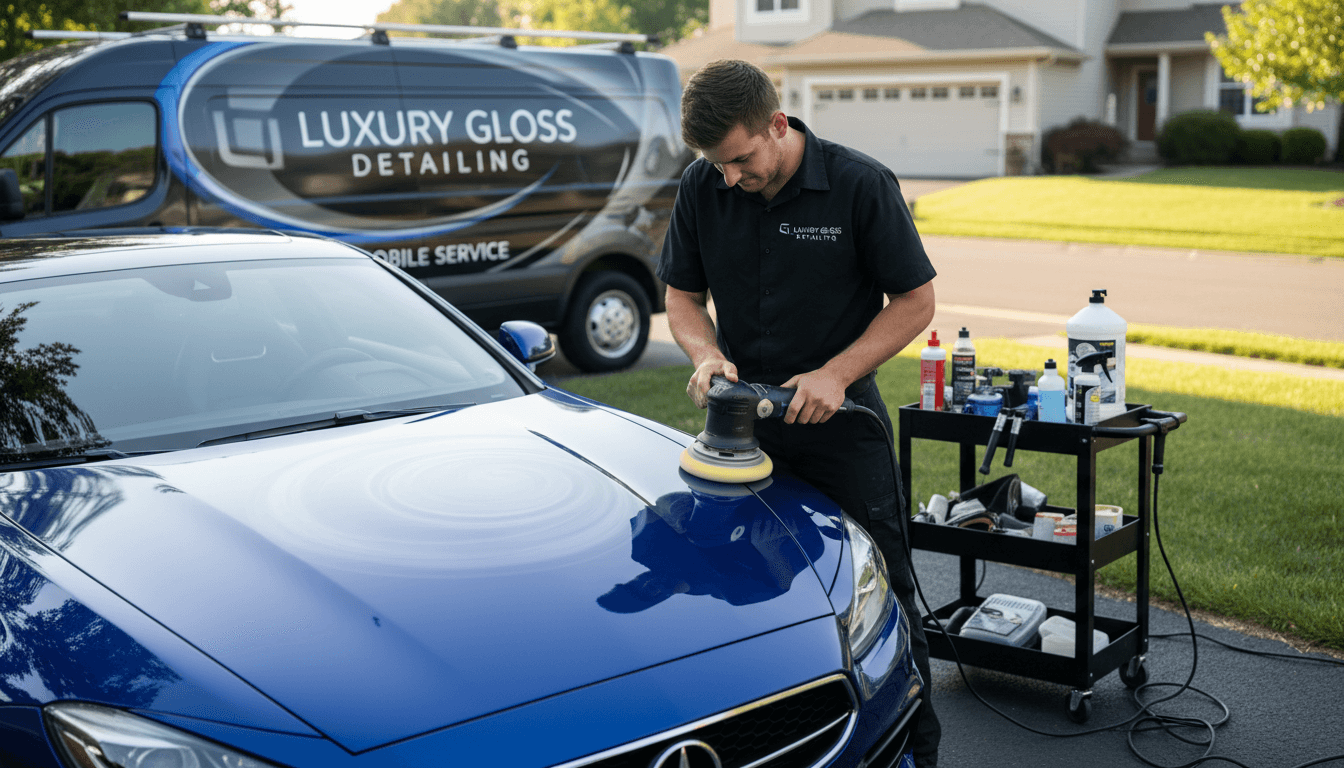 Mobile auto detailing technician polishing car paint in driveway