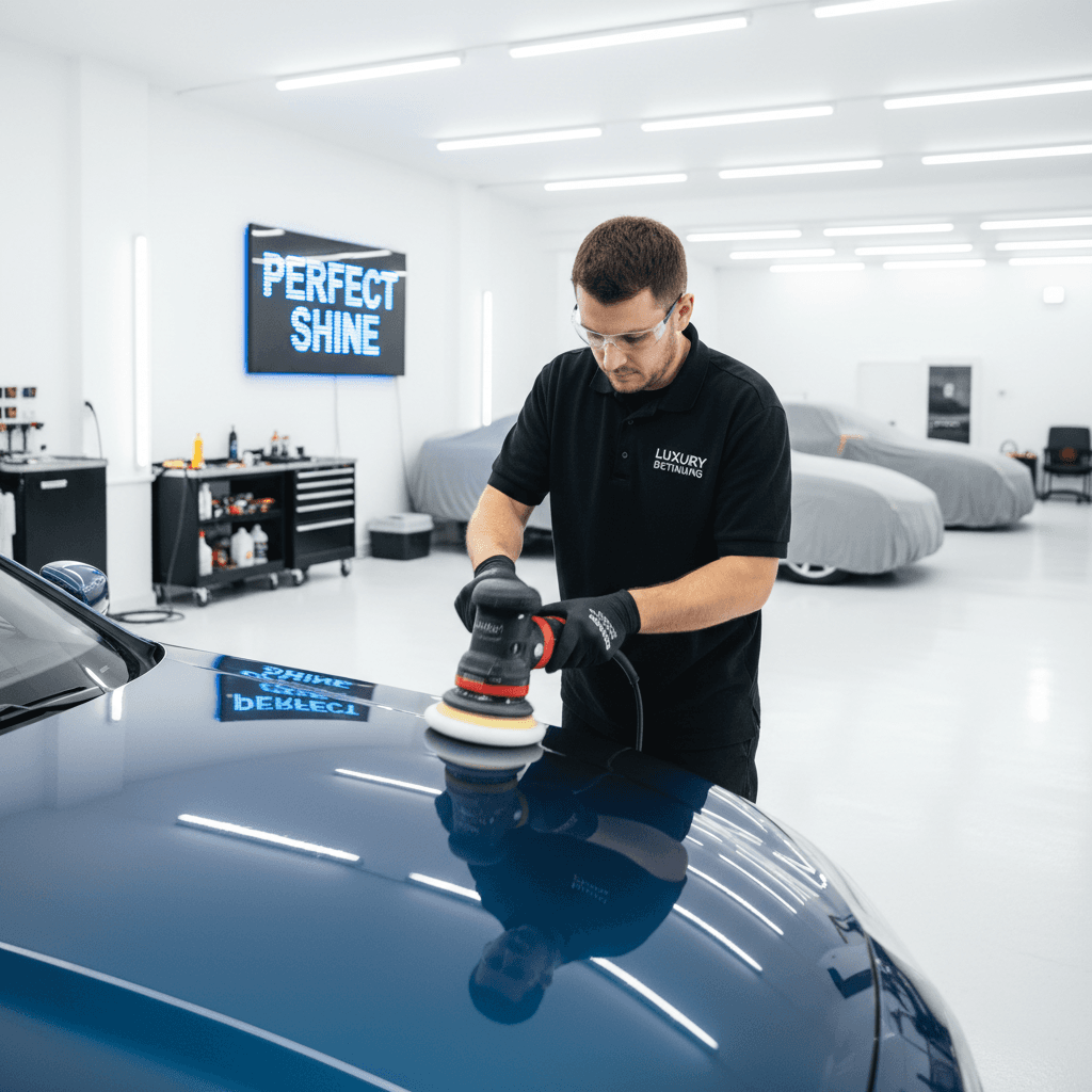 Professional paint correction using a dual action polisher on a car hood in a bright garage