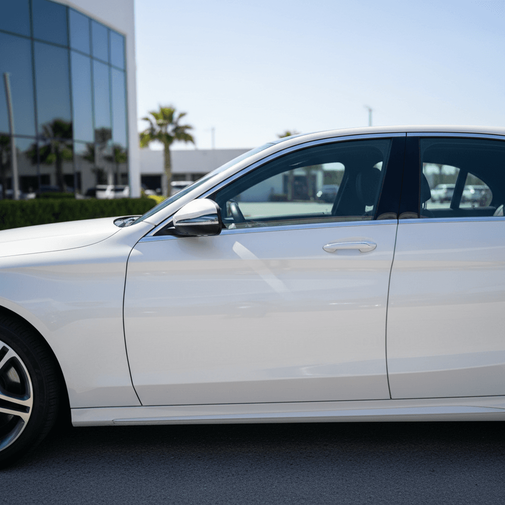 White sedan with ceramic coating reflecting sunlight