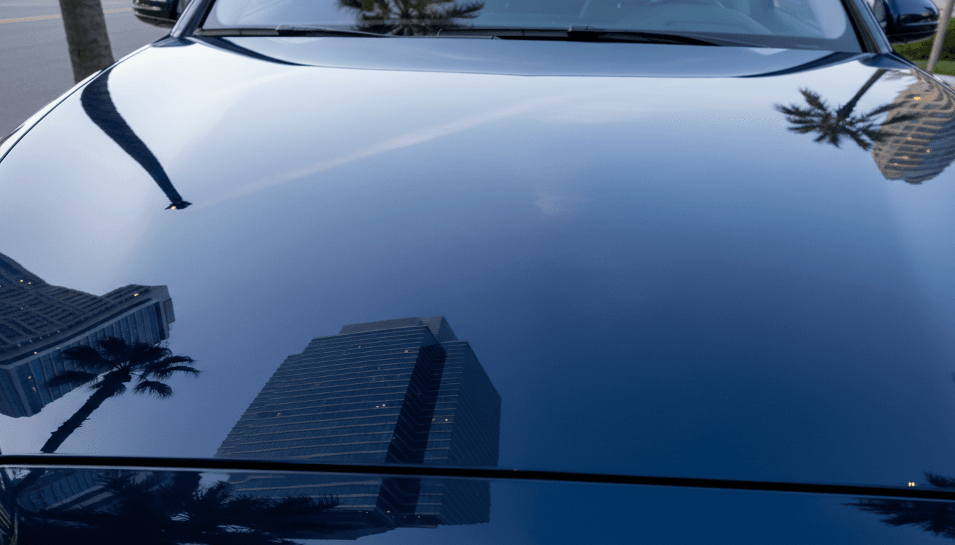 Car paint reflection showing mirror-like finish on vehicle hood