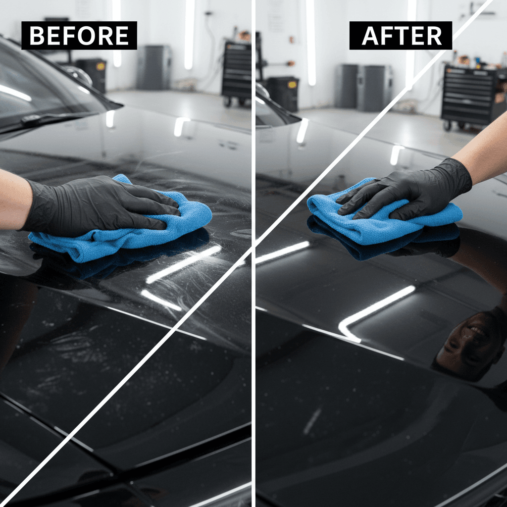 Professional detailing worker polishing a car hood to a flawless gloss in a bright garage