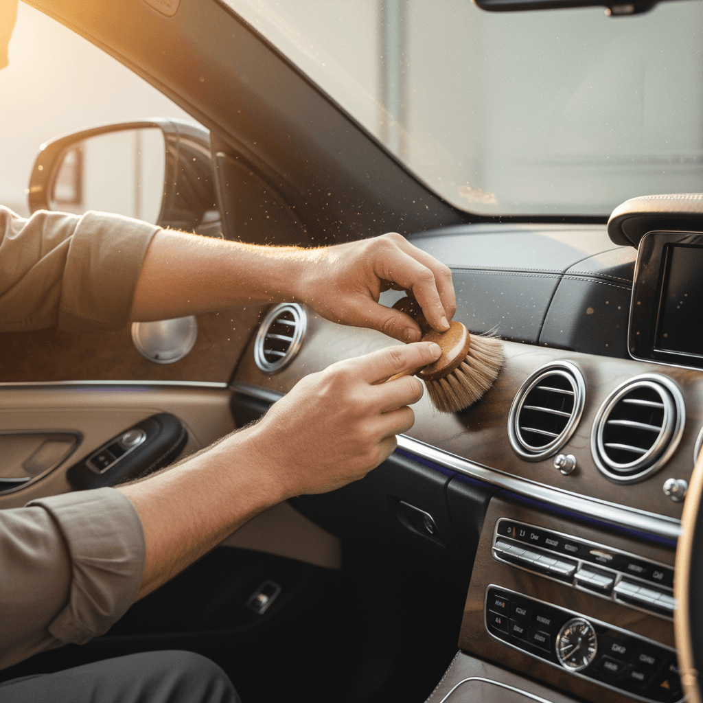 Detailer cleaning car dashboard vents and seams with a soft brush