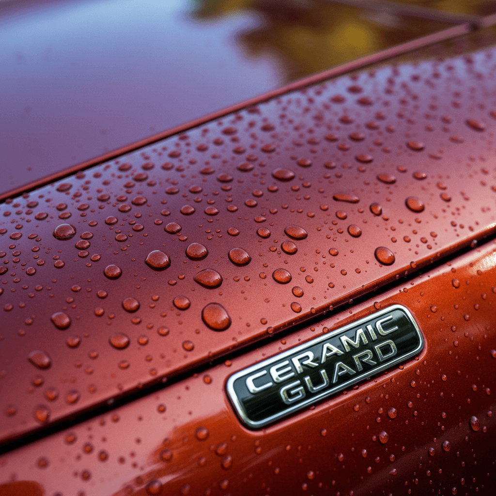 close up of a luxury car paint finish after ceramic coating with water beading effect