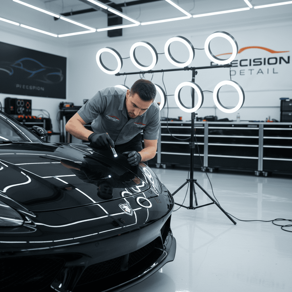 Detailer inspecting a car's paint in a well-lit shop