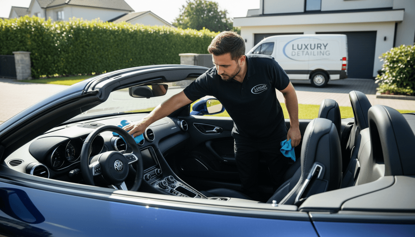 Professional auto detailer cleaning car interior with microfiber cloth in driveway