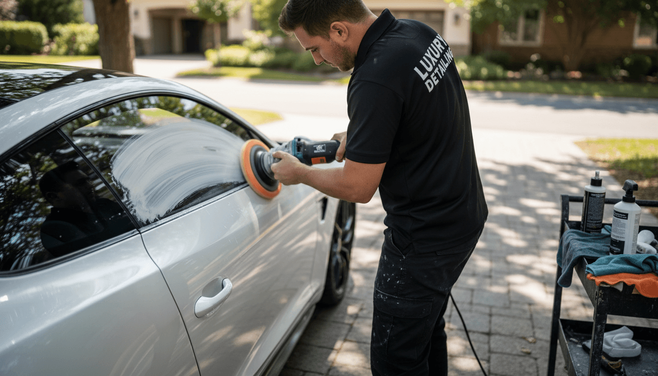 Professional auto detailer working on car exterior with polisher