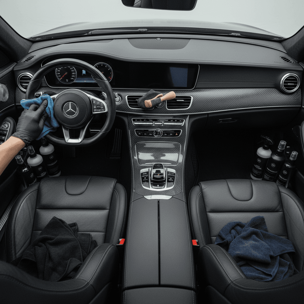 Detailed car interior with clean dashboard and polished surfaces