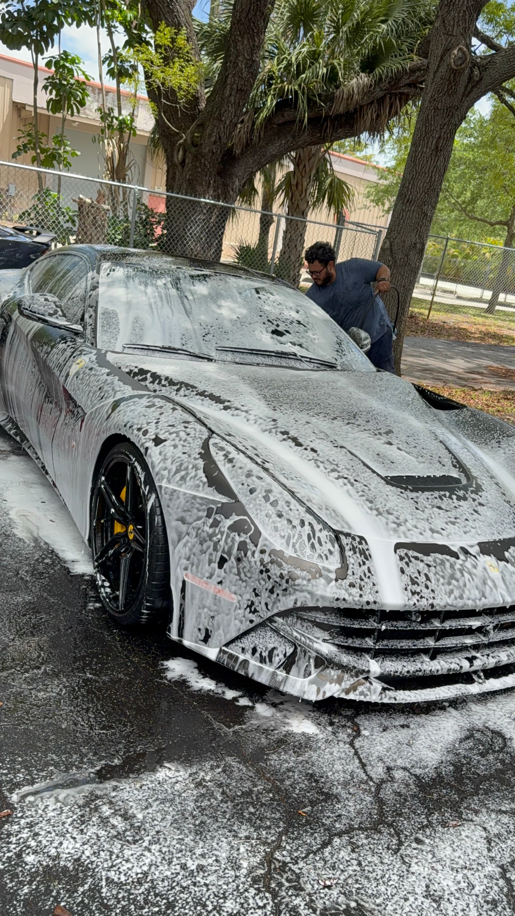 Man washing a dark grey Ferrari sports car covered in white soap foam under trees.